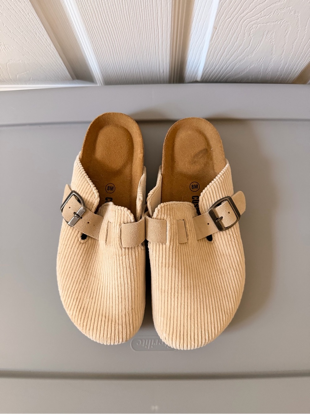 Corduroy Slip-On Mules with Buckle Accent in Beige - Picture 2 of 4